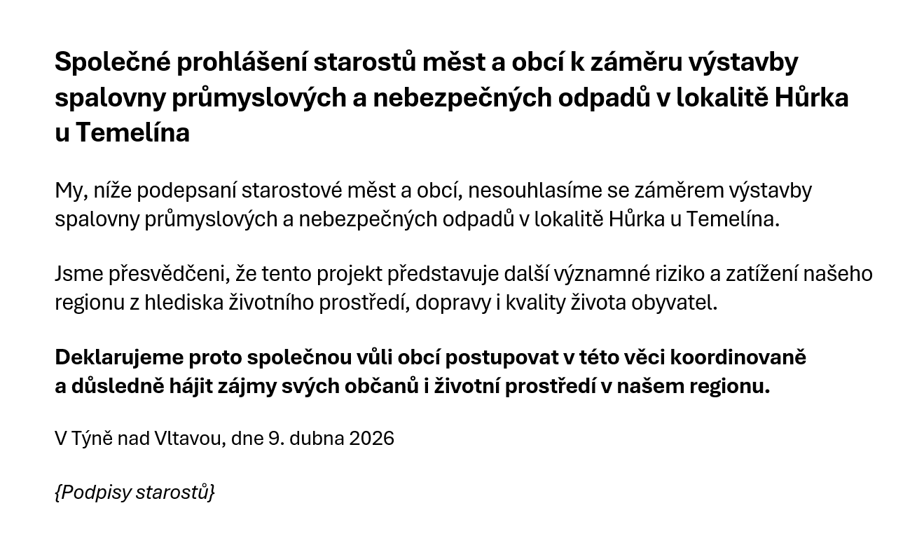 Prohlášení starostů o společném postupu proti spalovně